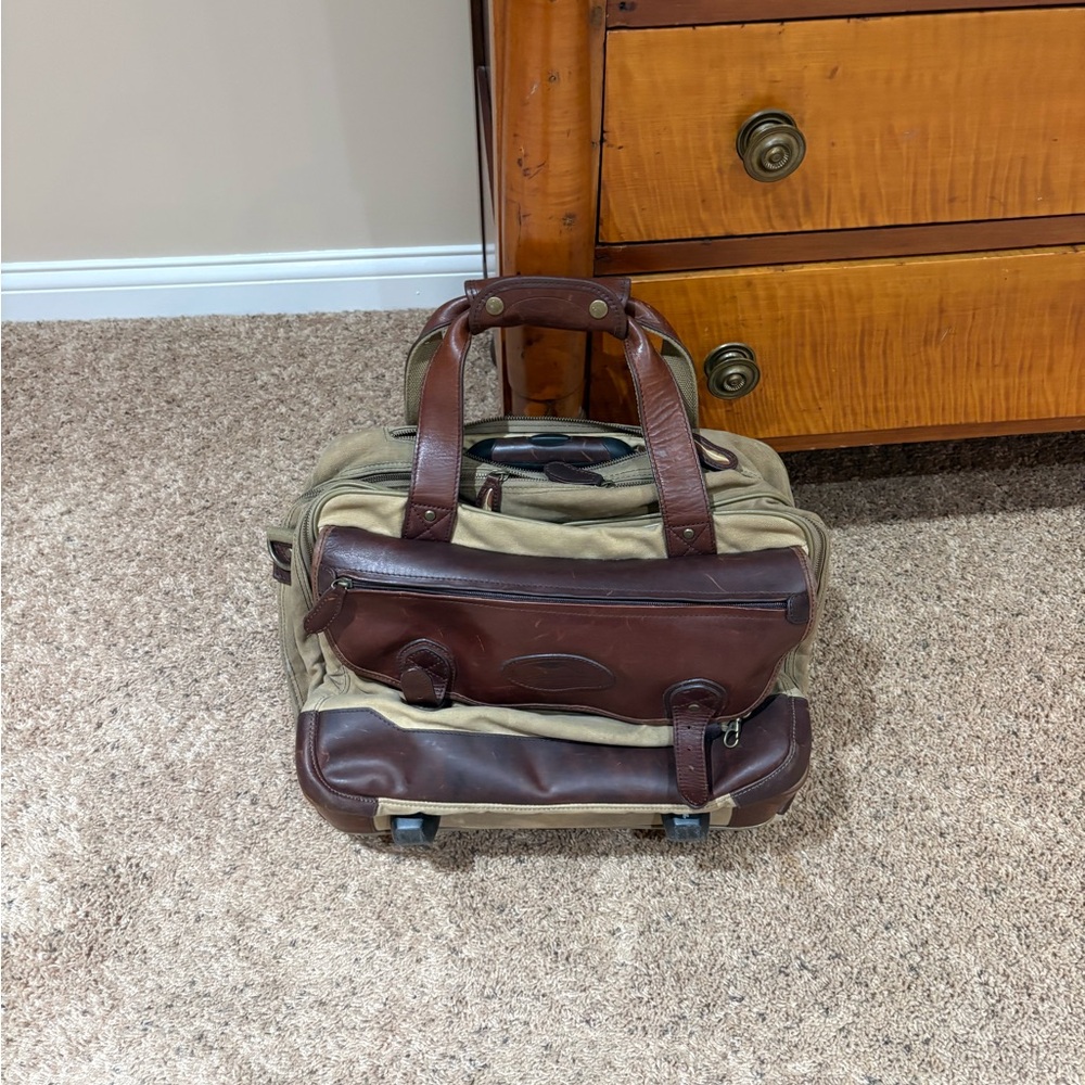 Bob Timberlake deep brown green canvas leather rolling travel bag multi pocket